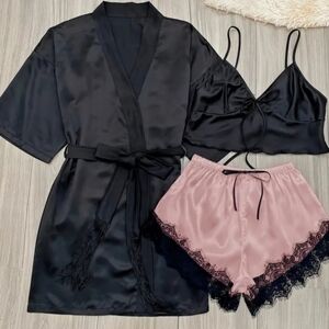 NWT 3 Piece Satin Pajama Set, Short Robe W/ Belt + Cami Top + Lace Trim Shorts